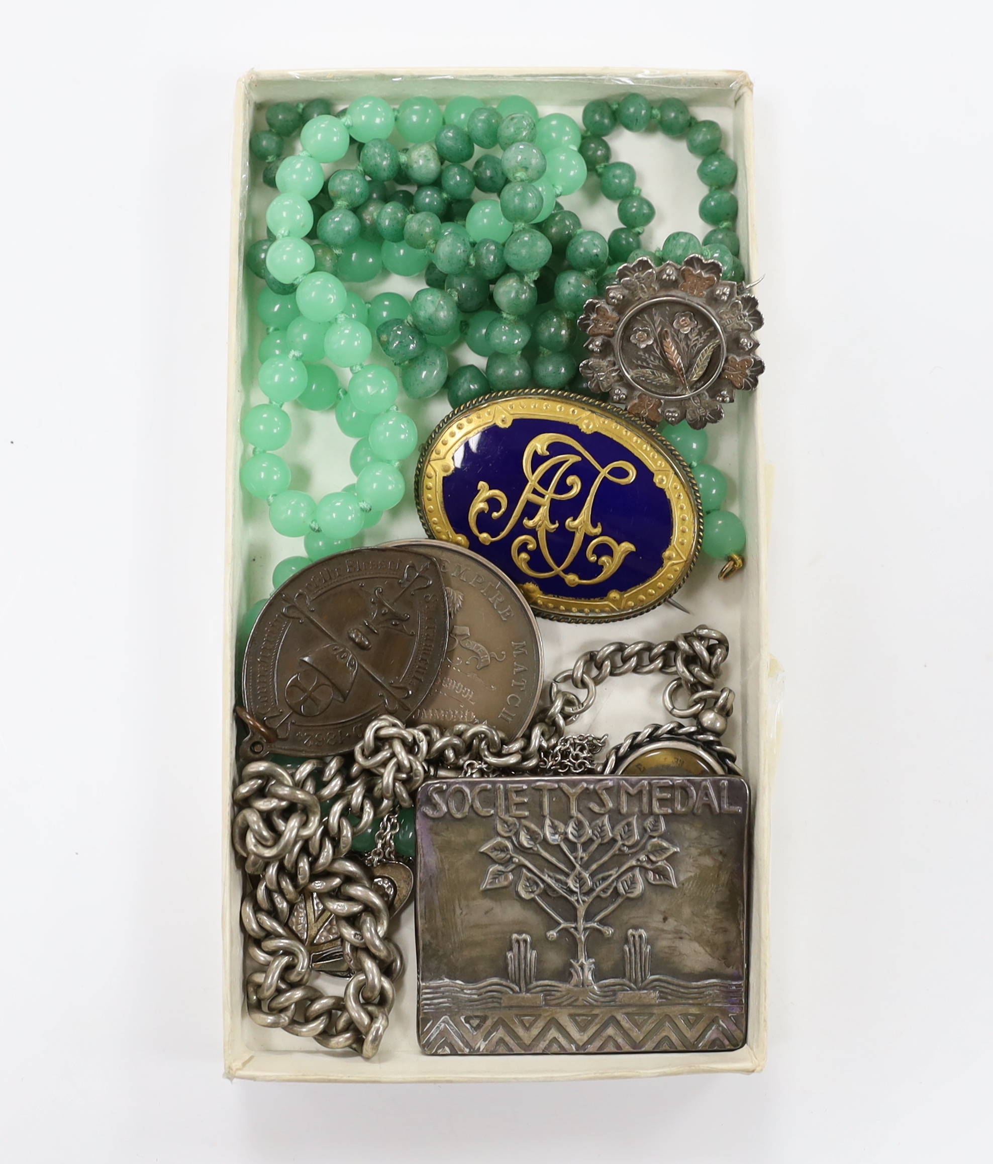 Sundry jewellery etc. including two simulated jade necklaces, a late Victorian silver brooch, a silver compass fob on a silver albert and an Art Nouveau style enamelled white meal drop pendant.